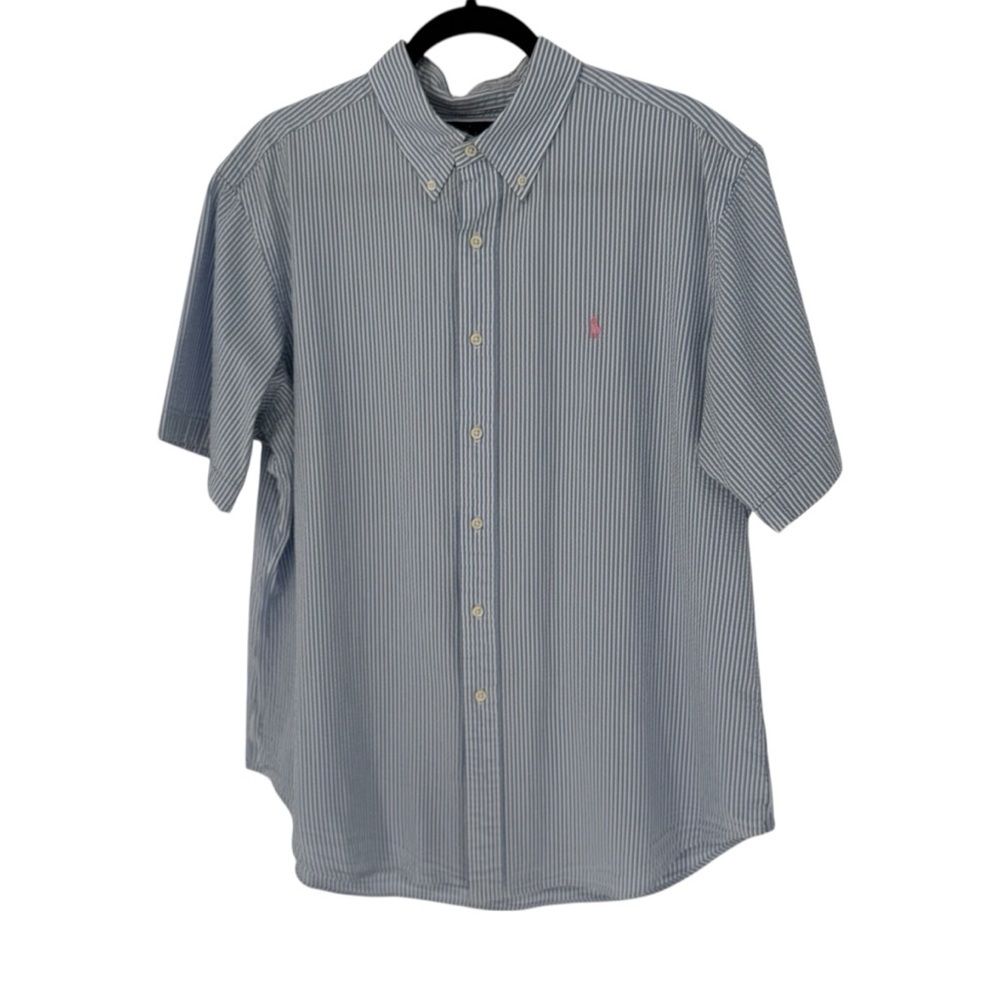 Polo Ralph Lauren Blue White Stripe Seersucker Short Sleeve Button Down Shirt XL